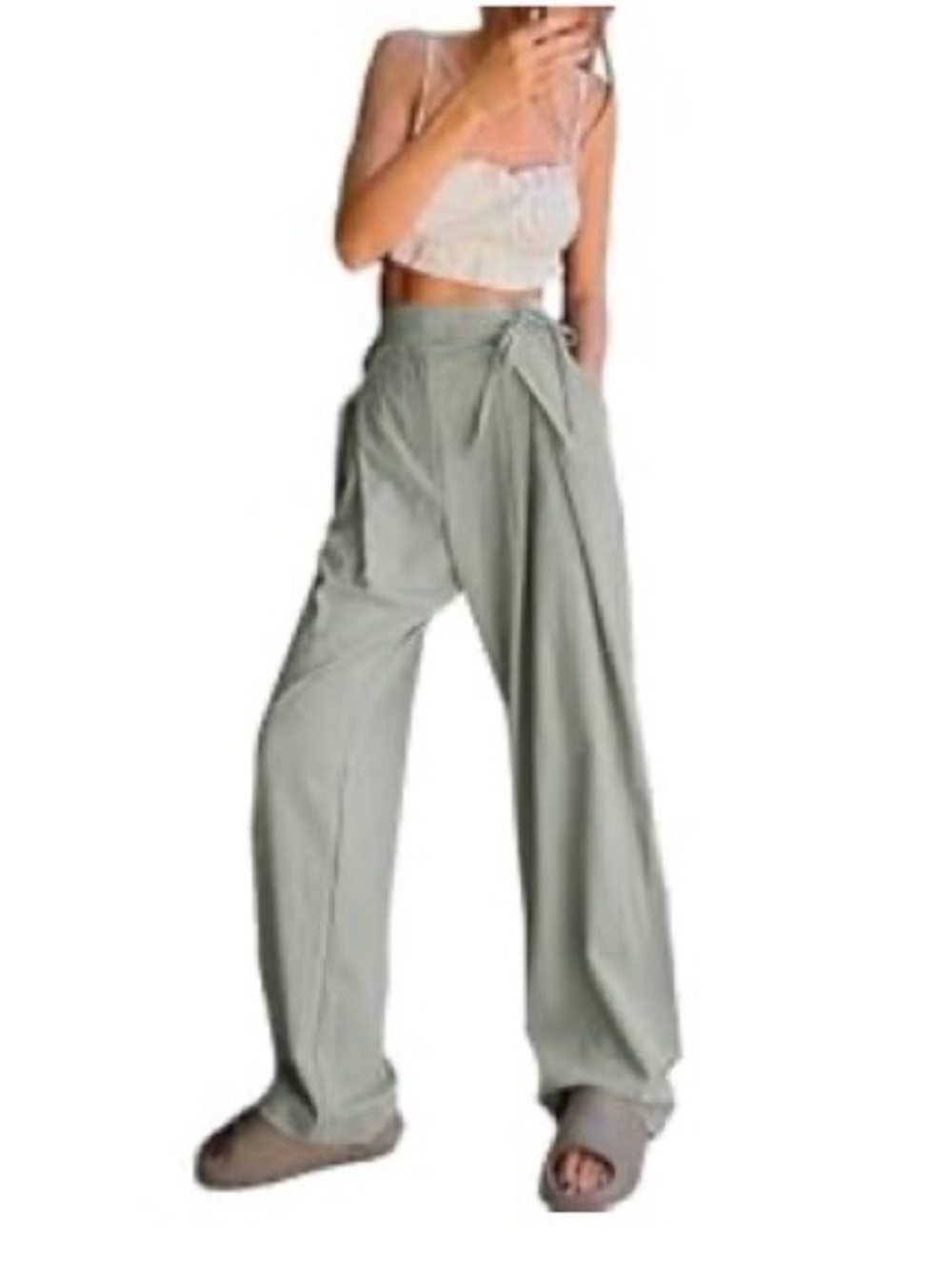 BNWOT High-Waist, Wide-Leg, Side Tie Palazzo Pants in Sage Green